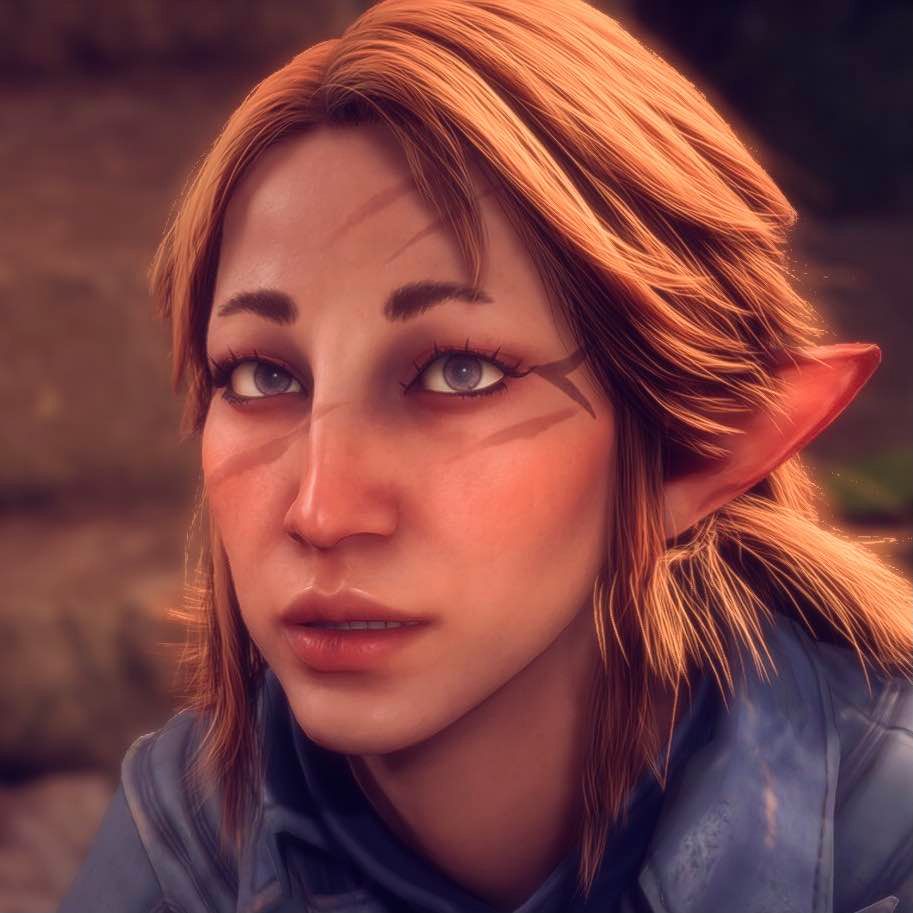 an elf with beige skin, scars across his face and markings on his temples, purple eyes, and orange-blond hair. he's looking at the distance with his lips parted.