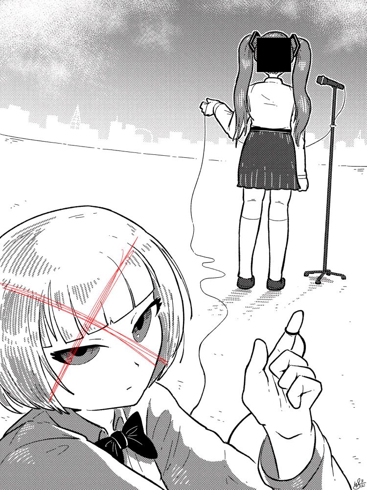 hatsune miku in background, helvetica_youth in foreground