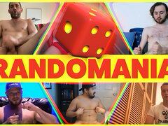 Thumbnail for Randomania. Six-panel layout shows a still of naked man masturbating or huffing poppers. The text RANDOMANIA appears in the center of the screen, overlaid by a giant red six-sided die. 