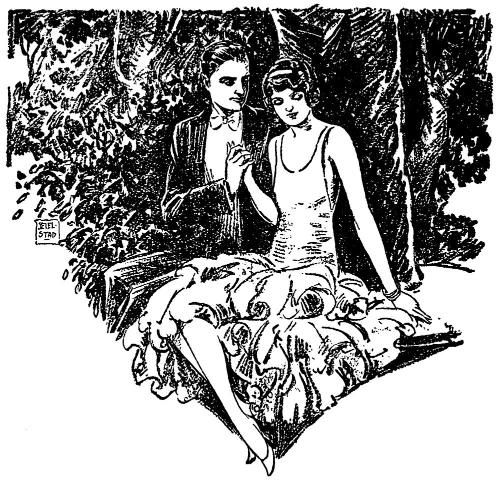 A white man in evening dress sits next to and holds the hand of a white woman in evening dress.  They're in a garden.  The composition starts as a rectangle up top, but then tapers down to a center point.