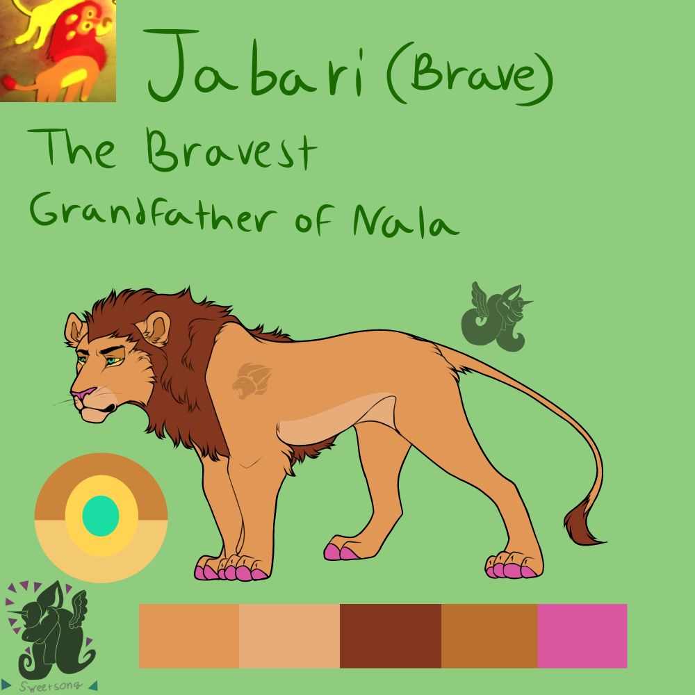A sandy colored lion with a brown mane. His name is Jabari, Nala's grandfather and the bravest of the Lion Guard.