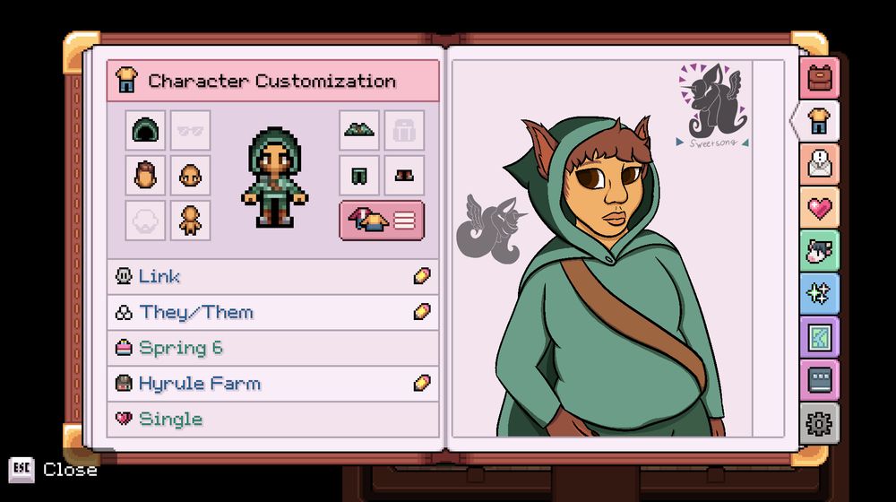 A screenshot from Fields of Mistria of the player's character page. In an empty space, the character sprite is drawn in more detail. A demihuman named Link that wears minty green colored clothing
