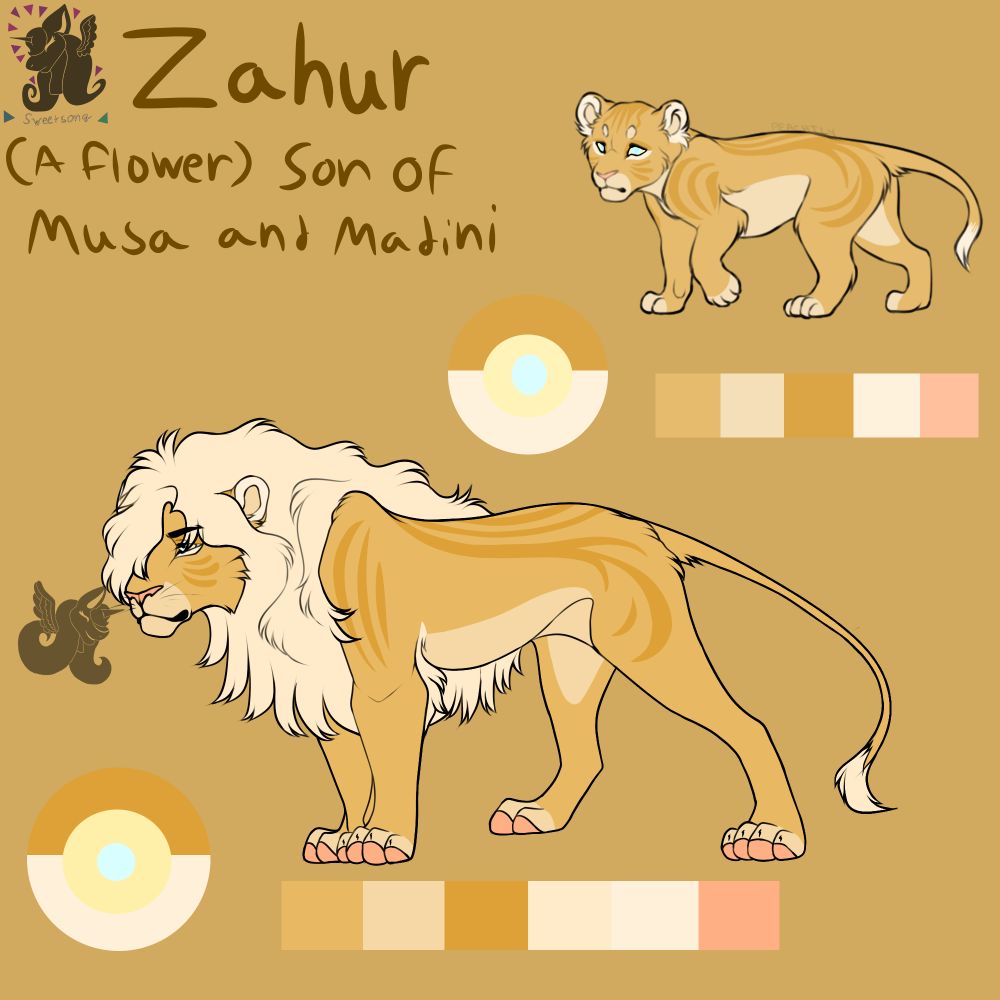 A golden lion with a pale yellow mane named Zahur. He has light blue eyes and stripes across his face, shoulders, and back.