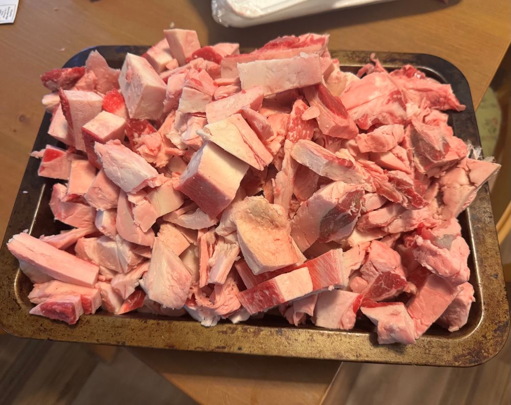 CW: Raw meat and animal fat
Image of a roasting pan containing a mound of cut beef and pork fat resting on the corner of a dining room table. 