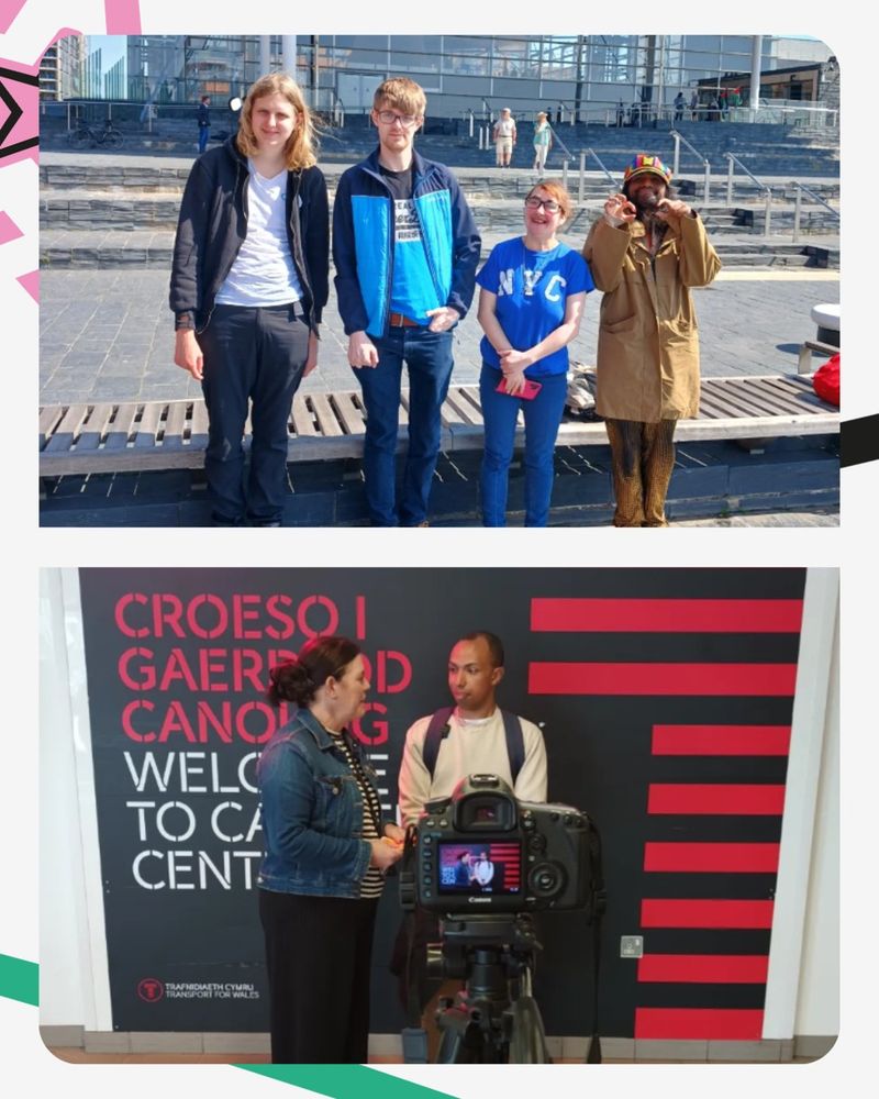 Two images of volunteers, one is of a group of volunteers outside the Senedd and the other is of a volunteer being filmed for an interview with Transport for Wales