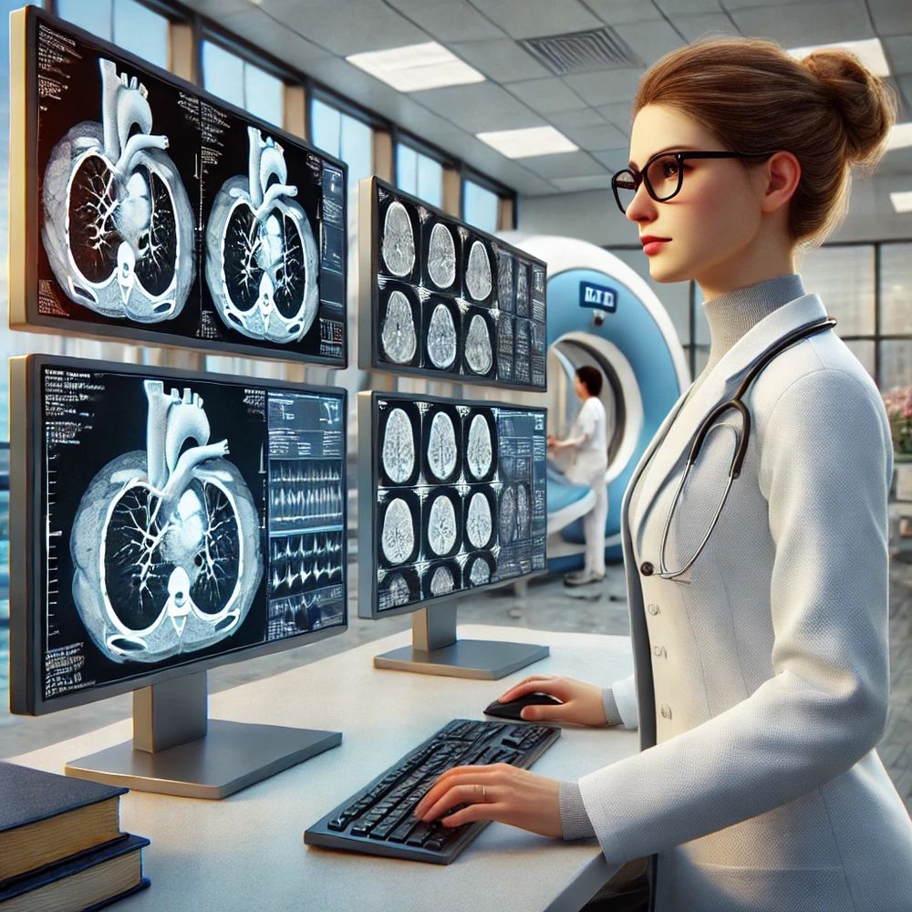An AI generated image of a cardiothoracic radiologist. The woman in glasses and white coat is standing looking at multiple screens of scans, and there is a scanner in the background. 
