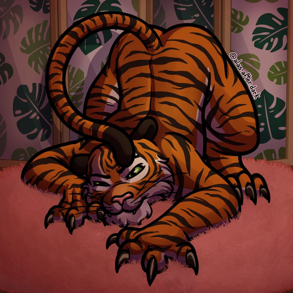 A cartoony digital drawing of a buff anthropomorphic tiger laying on a fluffy pink carpet, in front of a white folding screen with a pattern of green monstera leaves. The tiger is resting his face and chest down and his round ass is up, his tail is falling onto his head, he has his claws out and looks as if he's about to pounce.