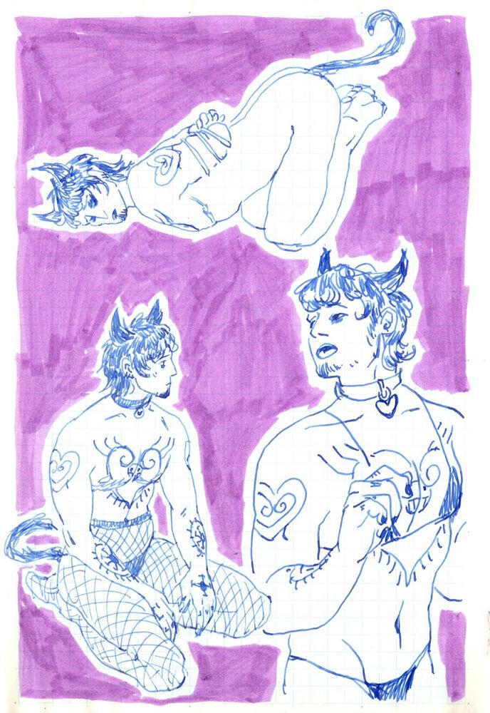 3 blue ink sketches of catboy trafalgar d law. in the top sketch he is nude and folded over with his arms bent and tied behind his back. on the bottom left he sits with his legs folded under and looks to the right, shirtless and wearing fishnet stockings. on the bottom right he is upright and looking over his shoulder with his mouth open, and he wears a bikini set. 