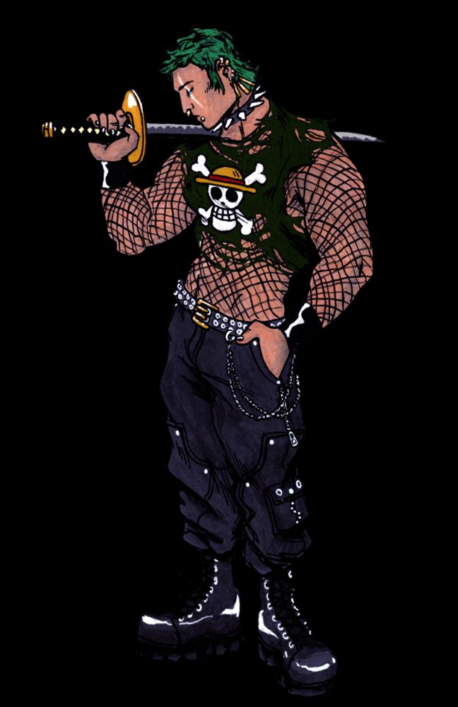 colored drawing of roronoa zoro. he has one hand in his pocket and the other holds a katana, blunt side of the blade resting on his shoulder. he is turned so his face is in profile, showing the scar over his left eye. he has a mullet, lip piercing, a spiked black collar, and black arm bracers. he's wearing a ripped up shirt with the straw hat pirates logo over a fitted mesh long-sleeved shirt, baggy black pants, a belt with two rows of white rivets, and shiny black boots. chains dangle from his belt. his nails are also painted black.
