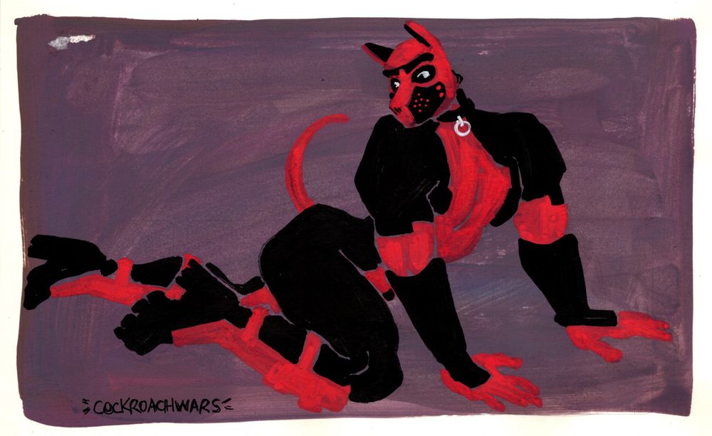 Marker drawing of Deadpool on a dark lavender painted background. He is posed on the ground as if crawling, on his hands with one leg bent upwards. Instead of his regular Deadpool mask he wears a red and black pup hood. He also wears a red tail, a black collar, and chunky black platform heels. 