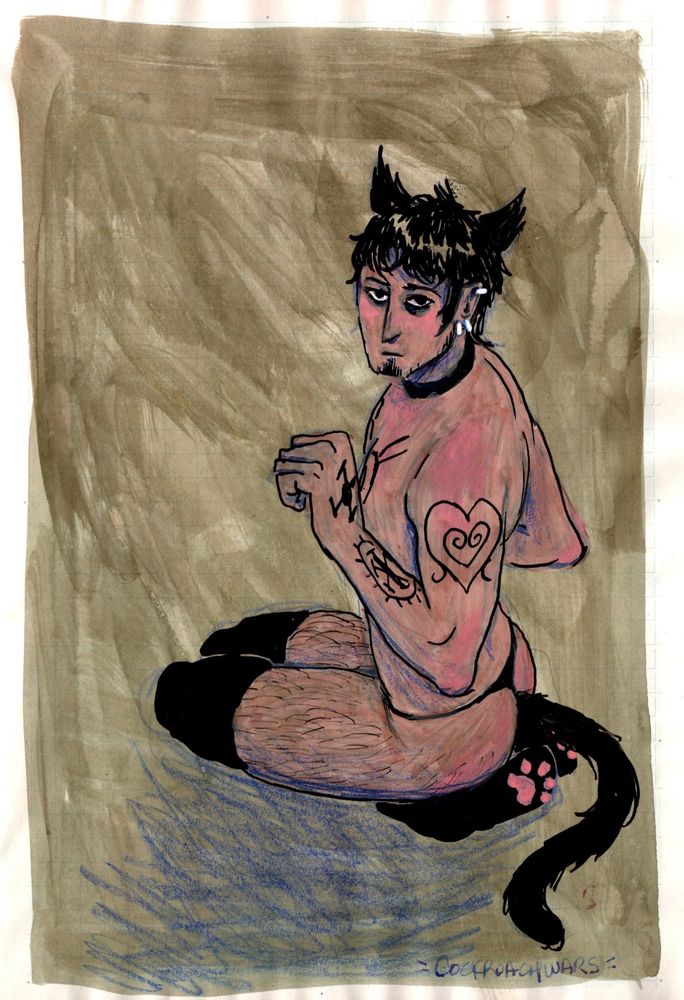 colored sketch of trafalgar d law. he is sitting with his legs folded under him and his torso and head twists to look at the viewer. he's wearing black cat ears, a collar, a tail, and thigh high stockings with pink cat paws on the soles of the feet. 