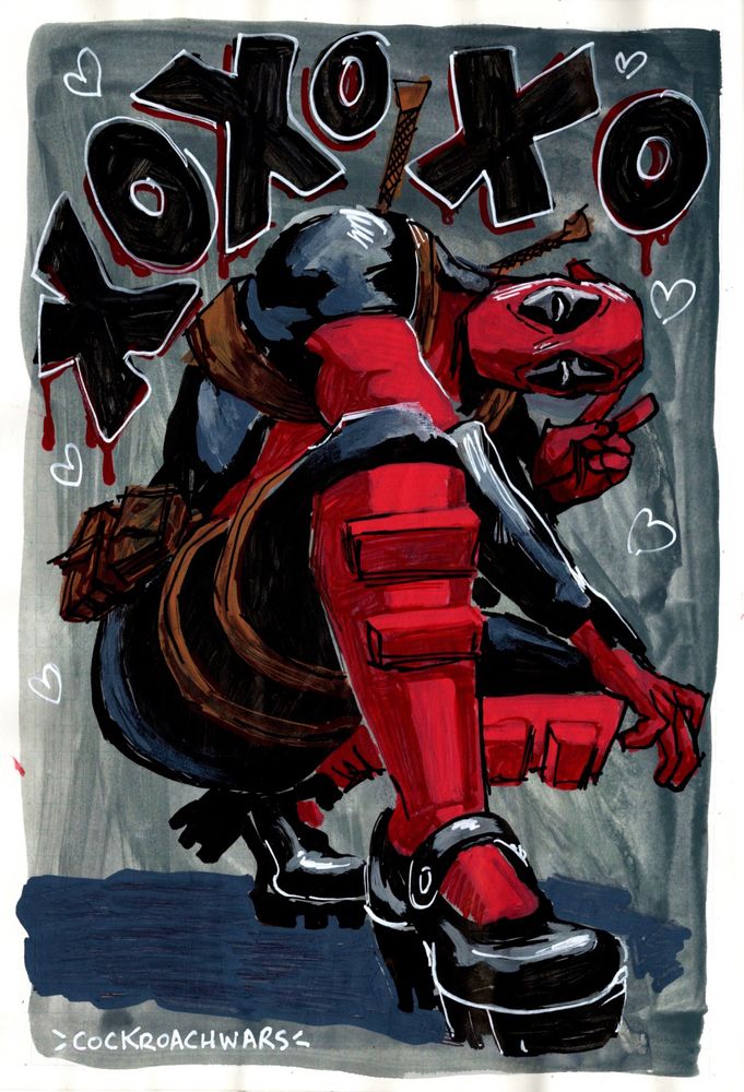 Color marker drawing of Deadpool. He is squatting, leaning on one leg, and holding up a peace sign with one hand. His head is tilted to the side. Above him in handwritten block letters reads “XOXOXO”.