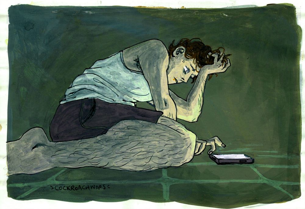 Color illustration of Peter Parker. He is sitting on tile floor in a tanktop and shorts, crouched over his phone with a worried expression. One hand hovers over the phone screen, and the other is grasping his hair with stress. The light from the phone shines up at his face, and the room is bathed in sickly green light. There is a smudge of blood visible at the corner of his mouth. 