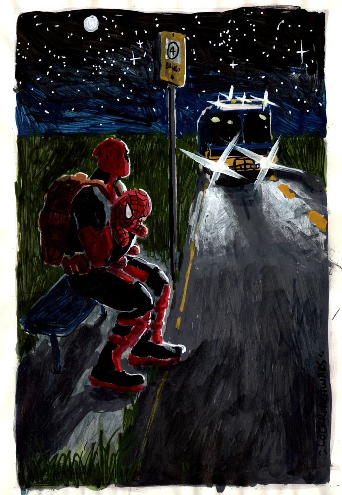 marker drawing of a bus stop in a remote field at night. deadpool sits on the bench with a big backpack, holding a spider-man plushie in his arms. his head is turned to watch an incoming bus. the headlights of the approaching bus illuminate the scene.