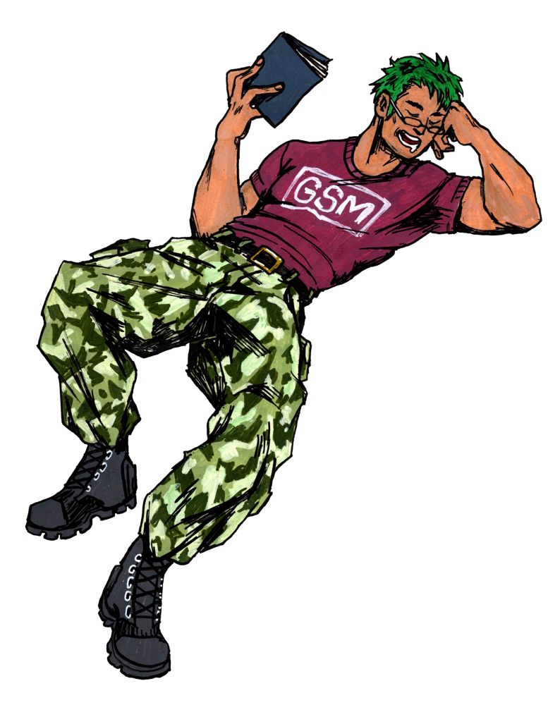 colored drawing of roronoa zoro. he is wearing a maroon fitted t-shirt with the letters "GSM" in white print, camo cargo pants tucked into dark gray boots, and slim reading glasses perched on his nose. he is reclining and has fallen asleep reading a book, with his head resting on his hand. 