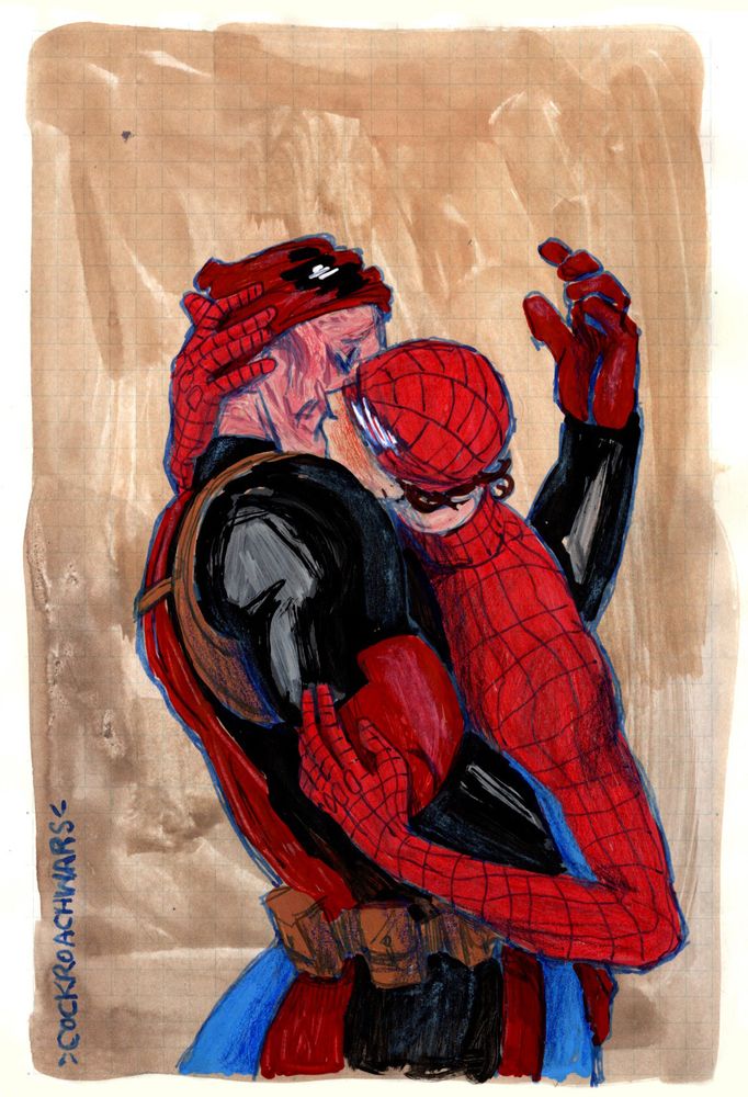 colored sketch of deadpool and spider-man. deadpool's mask is pulled up to his forehead, and spider-man's mask is pulled up to his nose. they are kissing passionately. spider-man's hands are wrapped around deadpool's neck and arm, pulling him in.