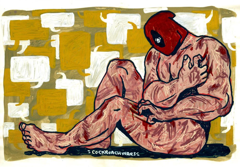 colored drawing of deadpool. he wears his mask but not his suit, showing his scarred skin. he is sitting on the floor and clawing at his arm and leg, drawing blood. the background is cluttered with empty yellow and white speech bubbles.