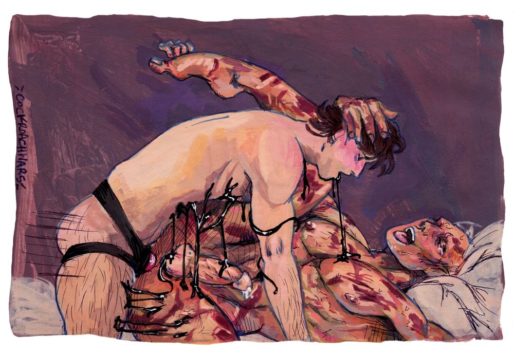 Color illustration of Peter Parker fucking Wade Wilson with a red strap-on. One of Wade’s legs is hiked up over Peter’s shoulder, and he has a hand curled around the back of Peter’s head. Venom’s black tendrils curl around Peter’s arm, and strands stretch between Peter and Wade’s bodies, connecting them. Wade’s eyes are closed and his mouth is open in pleasure. Peter’s eyes are also closed, face flushed pink, and out of his open mouth drips strands of Venom’s tendrils, stretching onto Wade’s torso. 