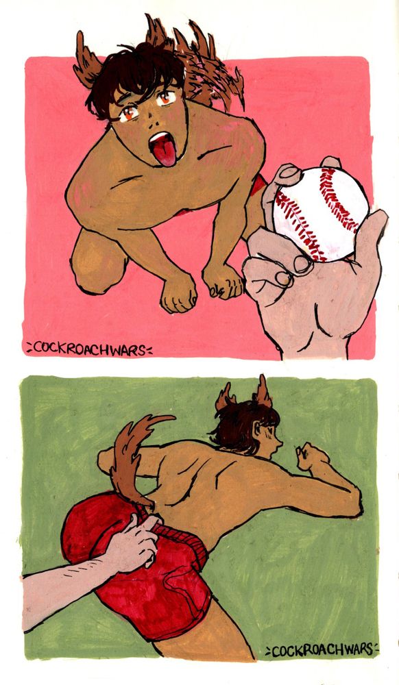 Two marker drawings of Sawamura Eijun. On the top panel, with a salmon colored background, Sawamura is seen from above as he gazes upwards with his tongue sticking out and his fluffy tail wagging. He is shirtless, wearing red shorts, and also has fluffy brown ears. A hand holds a baseball in front of him. On the bottom panel, with a light green background, Sawamura is bent over with his chest and arms braced on the ground. A hand from offscreen hooks a finger into his red shorts, tugging them down slightly. 