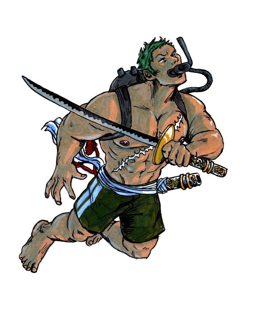 colored drawing of pre-timeskip roronoa zoro. he is shirtless and wears green swim shorts, as well as a scuba tank and mouthpiece. he's holding a sword in his hand, and the sheath is tied to his waist with a cloth that flutters out behind him.
