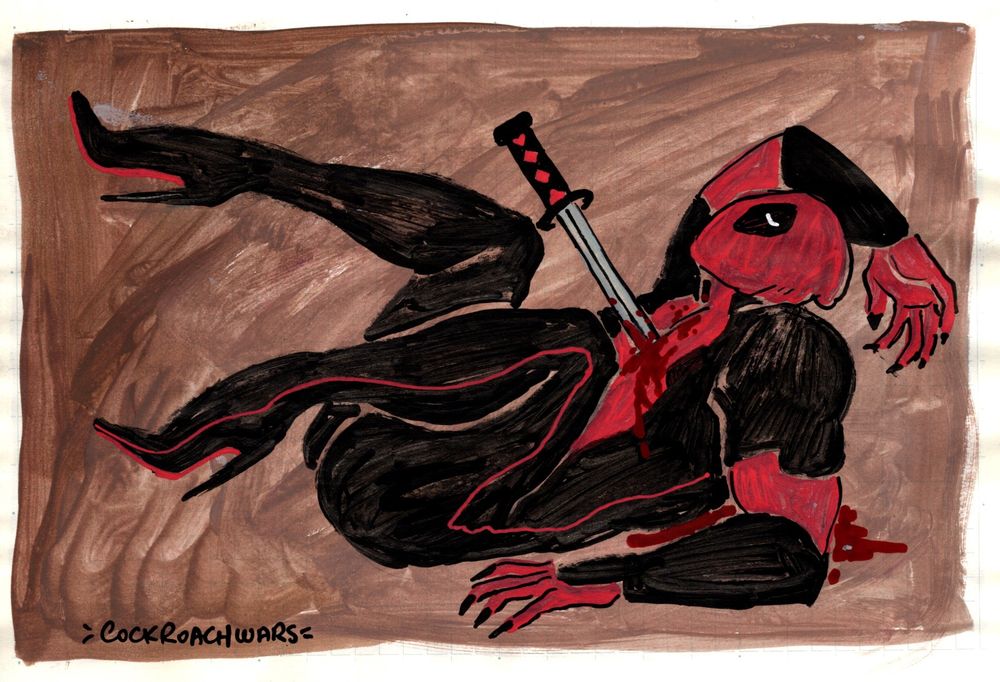 colored sketch of deadpool. he is lying down on his back with his legs bent up, leaning on one arm. the other arm is thrown dramatically over his head. one of his katanas is pierced through his chest, and there is blood dripping off the wound and pooling on the floor. his usual boots are replaced with high heels.