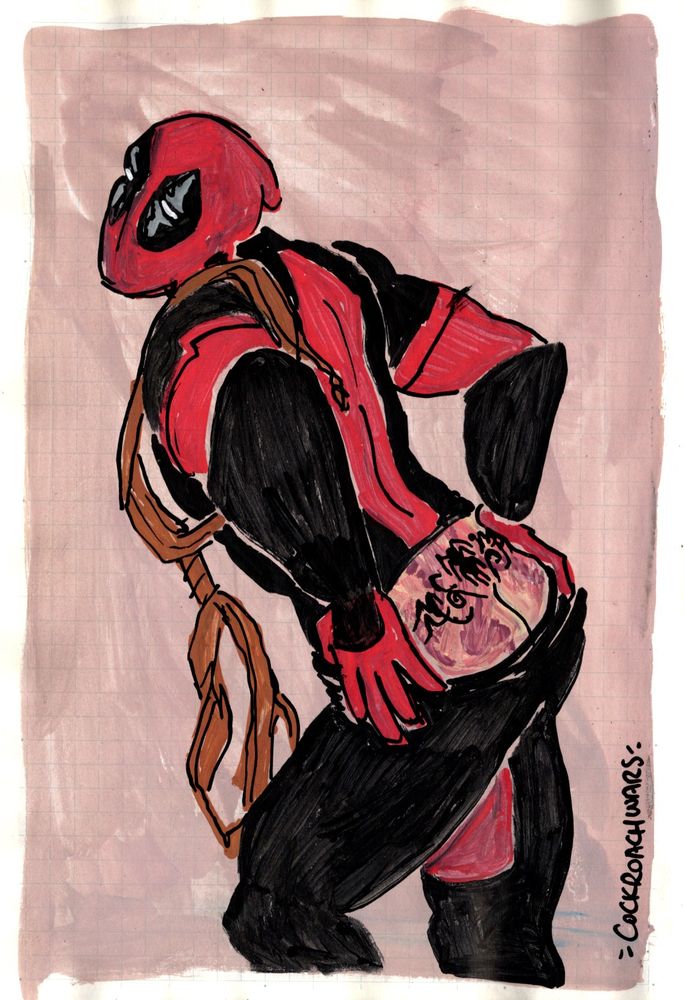 colored sketch of deadpool. his body is turned away from the viewer and he is looking coyly at the viewer while pulling his pants down far enough to show off his tramp stamp. the leather shoulder harness for his swords is unclasped and dangles off one shoulder.