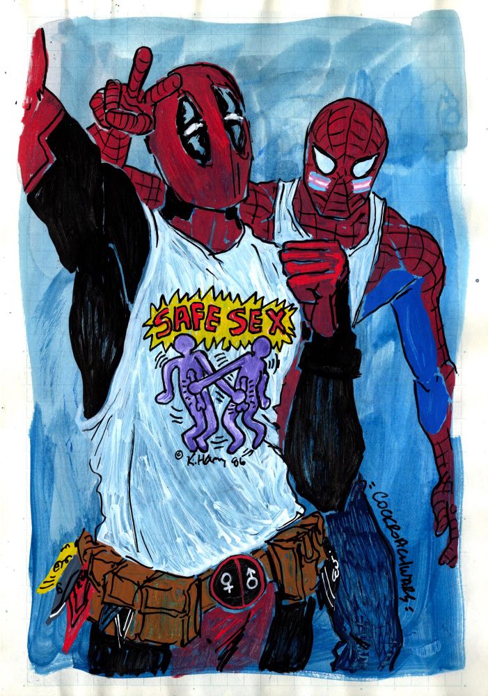 color drawing of deadpool and spider-man from reference. deadpool's hand is in a fist, and he wears a white keith haring shirt that says 'safe sex'. in his belt pouches there are yellow, gray, red, and black hankies on the right, and a black hanky on the left side. spider-man stands behind him making a peace sign, with the trans flag painted on his cheeks.