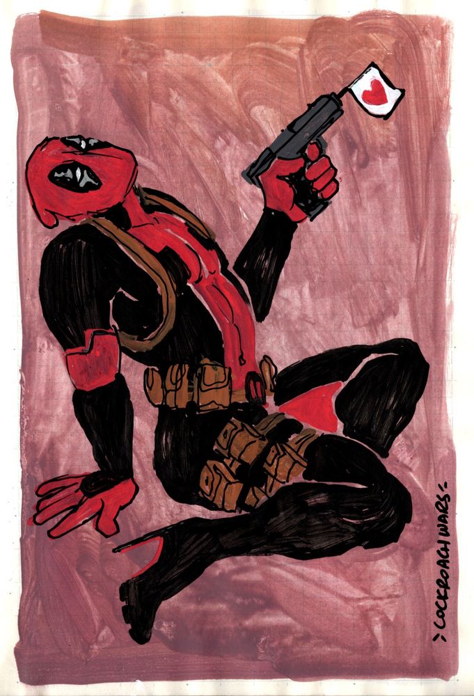 colored sketch of deadpool. he sits on the floor leaning back on one arm. the other hand holds a gun, which has a flag with a red heart sticking out of it. his usual boots have been replaced with heels.