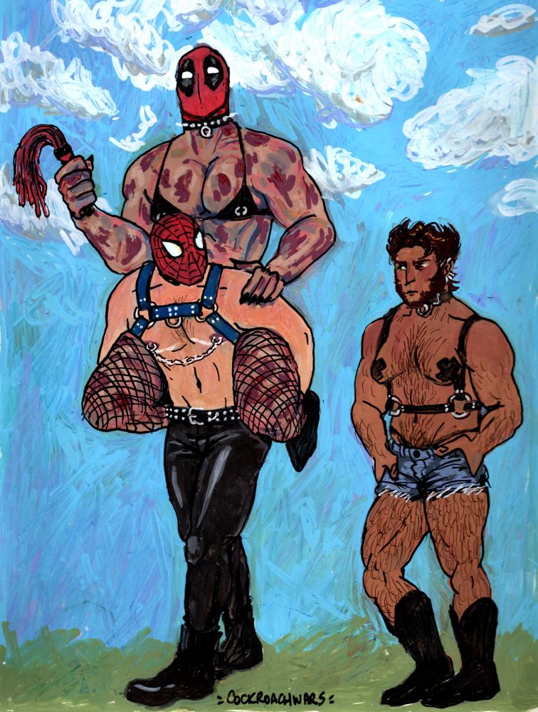 colored drawing of spider-man, deadpool, and wolverine, standing against a cartoon-ish background of a blue sky with white clouds and green grass. spider-man is shirtless, showing off his top surgery scars. he wears his mask, leather pants & boots, a blue chest harness, and a chain hanging between his nipple piercings. he carries deadpool piggyback style. deadpool wears his mask, a spiked collar, a black triangle bikini top with faux-piercings, and fishnet tights, and is carrying a red leather flogger. wolverine walks to the right of them, shirtless and wearing jean shorts, a black waist harness, x-shaped nipple pasties, and black boots.
