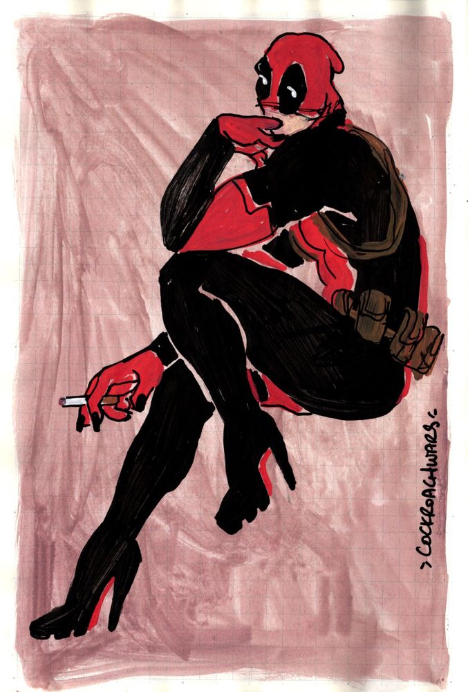 colored sketch of deadpool. he is sitting in a pinup-style pose, and has his mask pulled up to his nose and his finger in his mouth. the other hand loosely holds a cigarette. his normal boots have been replaced with heels.