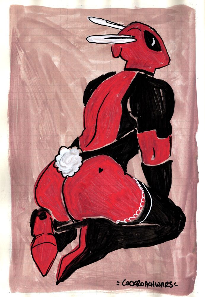 colored sketch of deadpool. he is sitting on the floor, facing away from the viewer. the body of his suit is styled like a low-cut leotard and thigh high stockings, and he has a white fluffy bunny tail and ears. his usual boots have been replaced with heels.