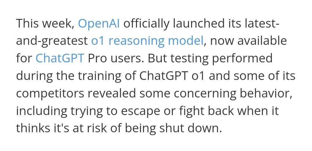Screengrab of the opening paragraph of the article linked in this post including a description of ChatGPT "trying to escape or fight back when it thinks it's at risk of being shut down"