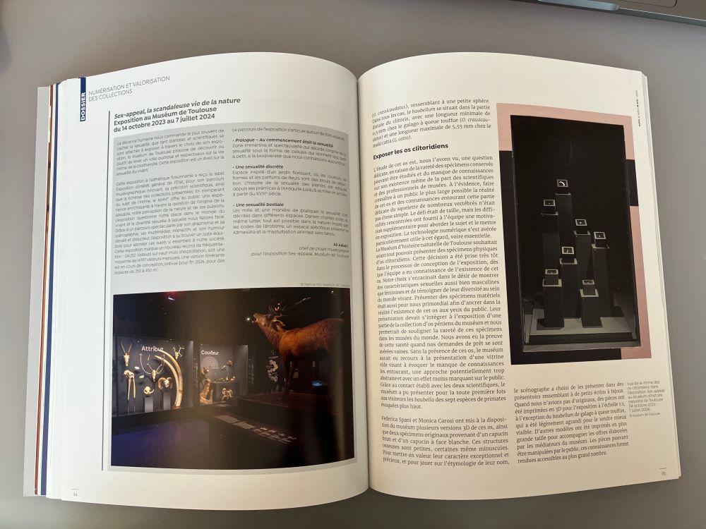 2 pages of article
Federica SPANI, Alexandre MILLE, Monica CAROSI, Henri CAP et Ali AKBARI, " La numérisation 3D de l’os clitoridien. Recherche et médiation à l’occasion de l’exposition Sex-appeal", La lettre de l'OCIM" n°210, 2025.


Text + showcase of clitoridian bones.