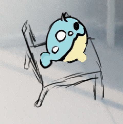 A digital drawing of a spheal on a chair, the chair is sketched out while the spheal is coloured light blue and beige, the ears of the spheal is not coloured