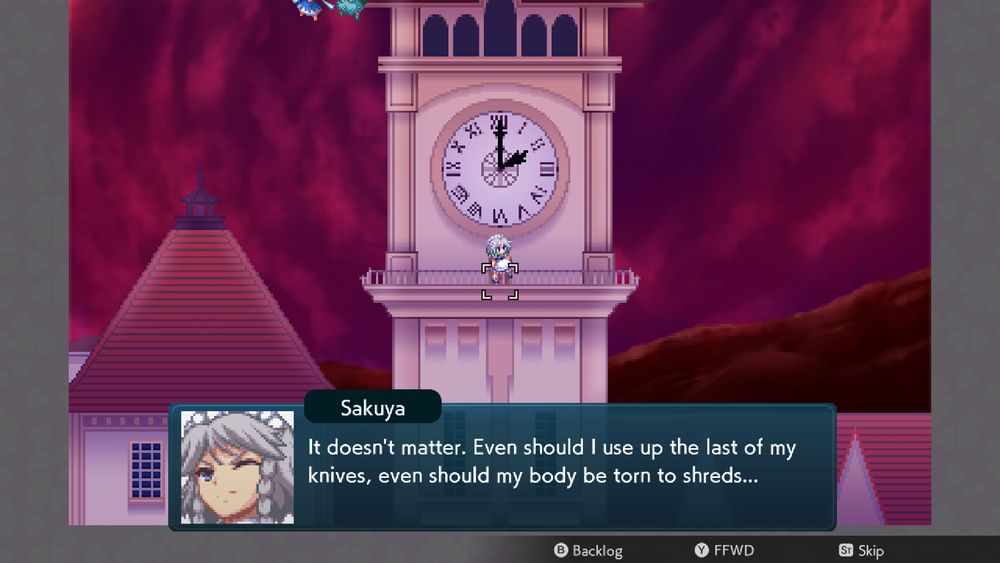 Sakuya: "It doesn't matter. Even should I use up the last of my knives, even should my body be torn to shreds..."