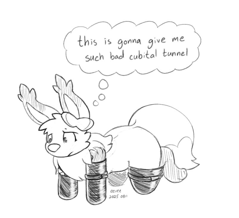 a kemono eevee in bindings that hold her legs and arms bent so she's standing on her elbows and knees, thinking "this is gonna give me such bad cubital tunnel"