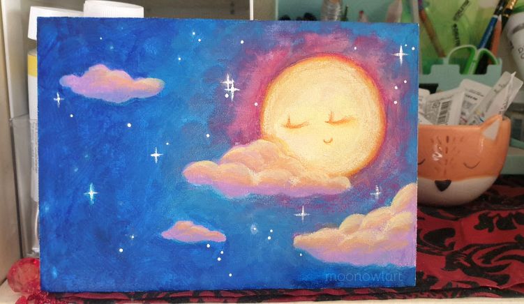 gouache painting of a moon on a starry night sky with floating clouds