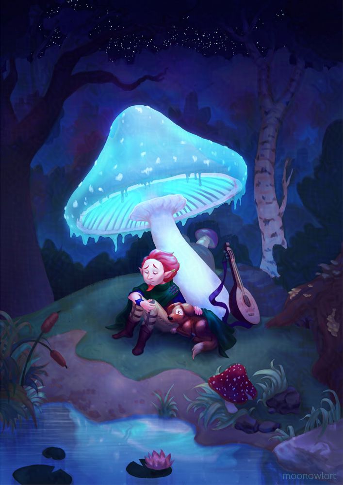 painting of a night scene with a glowing mushroom, a bard with his dog hiding under the mushroom