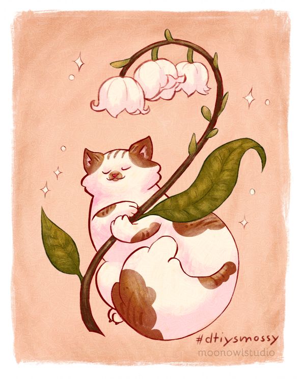 drawing of a spotted cat with paws wrapped around a lily of the valley stem