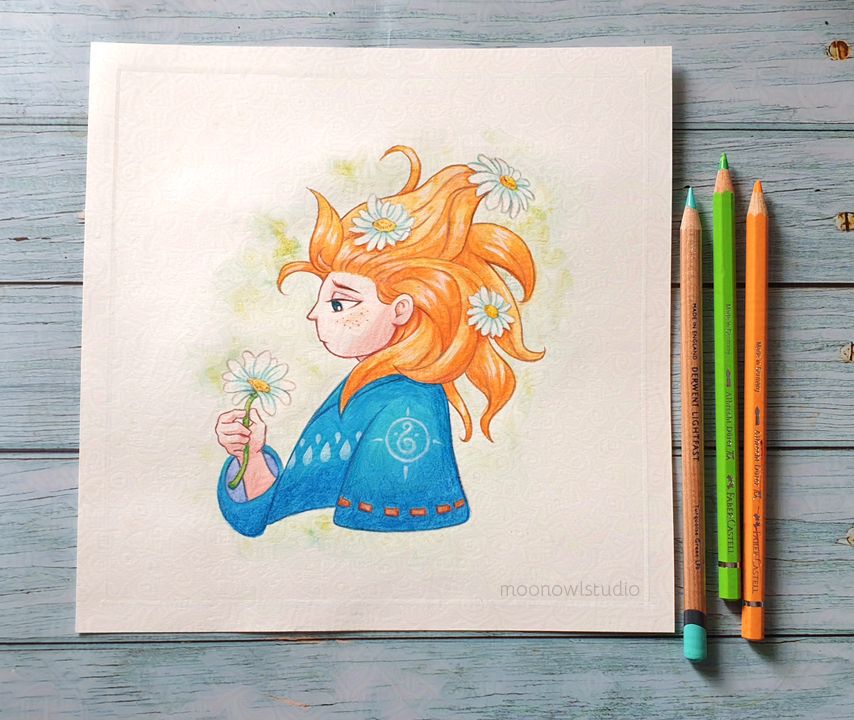 drawing of a person with flowers in their hair looking at a flower in their hand