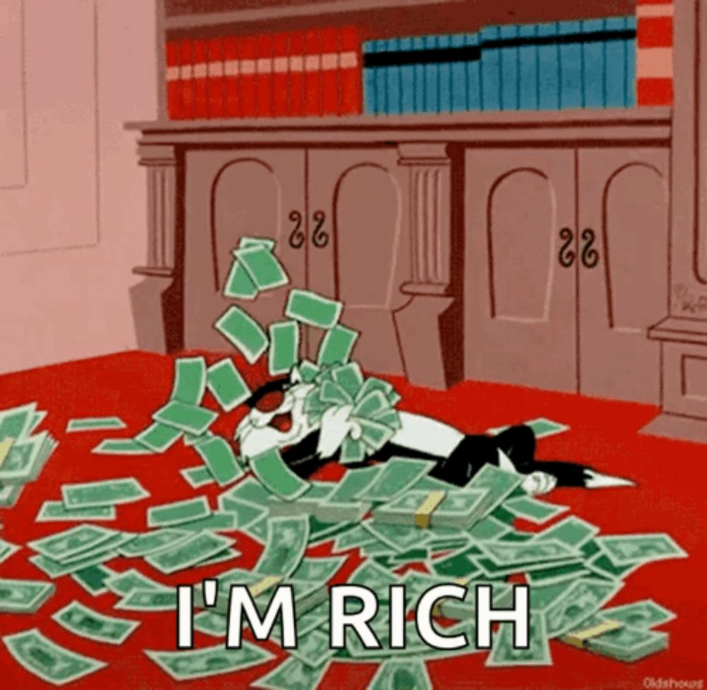 a cartoon cat is laying on a pile of money with the words i 'm rich written on the bottom