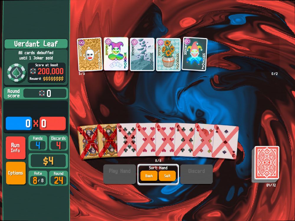 Balatro screenshot, all cards are debuffed until a joker is sold - all jokers are eternal