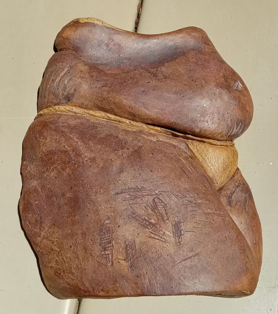 Relief sculpture depicting a woman's belly and right thigh. The surface is mostly dark brown, with darker lines depicting scars and stretch marks, and a golden pair of underwear. 