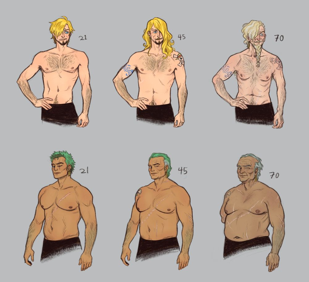 An illustration of Sanji and Zoro, both shirtless, at different ages, first at 21, then 45, then 70. 21 year old Sanji is lean with short hair, 45 year old Sanji has filled out a bit with a new scar on his chest over his heart, much longer hair past his shoulders, the strawhat jolly roger tattooed on his left shoulder, and a blue sea themed tattoo band around his right bicep. 70 year old Sanji has a sagging but still slim body, with his graying hair short again but his beard much longer and braided. the tattoos have faded.
21 year old Zoro is very stocky and muscular, with short spiky hair. 45 year old Zoro has slightly longer slicked back hair and the strawhat jolly roger tattooed on his right shoulder, and he's still muscular with a bit more fat around the midsection. 70 year old Zoro's has lost some muscle mass and gained weight, with many more scars crossing his torso and his right arm missing from right above the elbow. his greying hair is still slicked back but his hairline has receded greatly. his tattoos have also faded. From 45 onward one of Zoro's earrings has relocated to Sanji's ear. Both of them look happy and content at every stage.