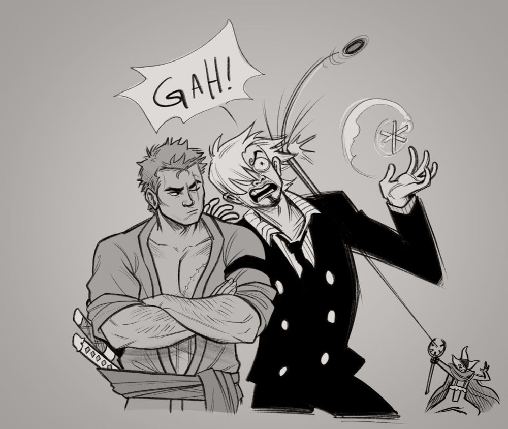 in the second panel Sogeking appears behind them in the distance and strikes Sanji in the head with a projectile from his slingshot. Sanji drops his cigarette as he yells "GAH!" on pain and surprise. Zoro just glares over at the commotion. 
