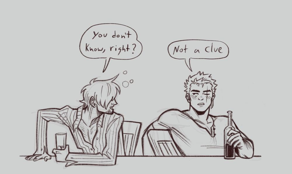 the next panel: Sanji, seemingly too drunk to understand that Zoro must have just heard all of that, asks "You don't know, right?". Zoro, humoring him, glances over and with a straight face says "Not a clue". Zoro is blushing slightly.