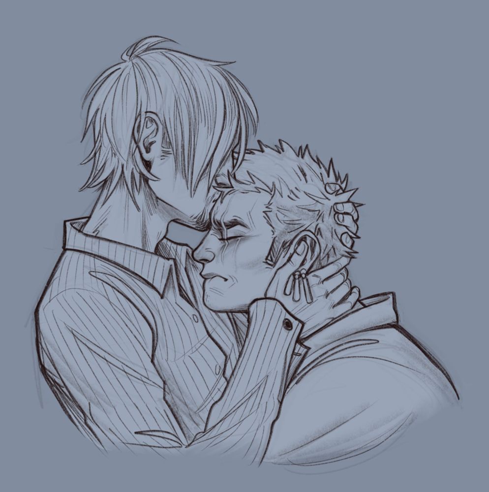 The final illustration, Sanji holds Zoro close with a hand on his neck and the back of his head, and kisses his forehead. Zoro bites his lip and furrows his brows, trying to keep his composure as tears continue to fall down his cheeks. 