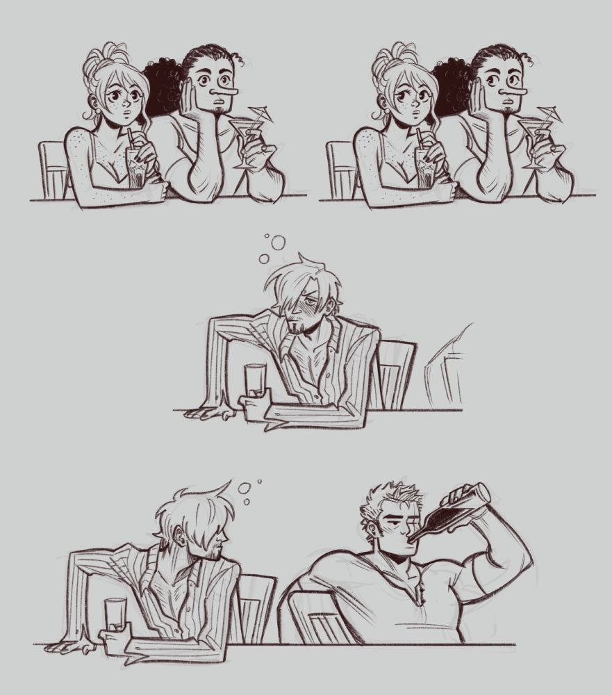 The next four panels: The first two are nearly identical beat panels of Nami and Usopp facing sanji, first looking straight at him then looking over to their right at another unseen spot at the table. The third panel is another beat panel, this time of Sanji staring confused at Nami and Usopp. In the final panel Sanji looks to his left, revealing that Zoro has been sitting right next to him the whole time, not looking at him and calmly drinking from a bottle. 