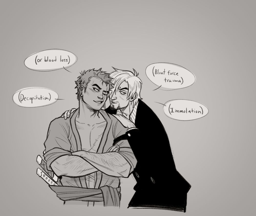 In the last panel Zoro leans his head in closer to sanji and Sanji leans in close as well, both of them looking away and smiling as they whisper conspiratorially to each other. Zoro whispers "(or blood loss)" then Sanji "(blunt force trauma)" then Zoro "(Decapitation)" then Sanji "(immolation)" 