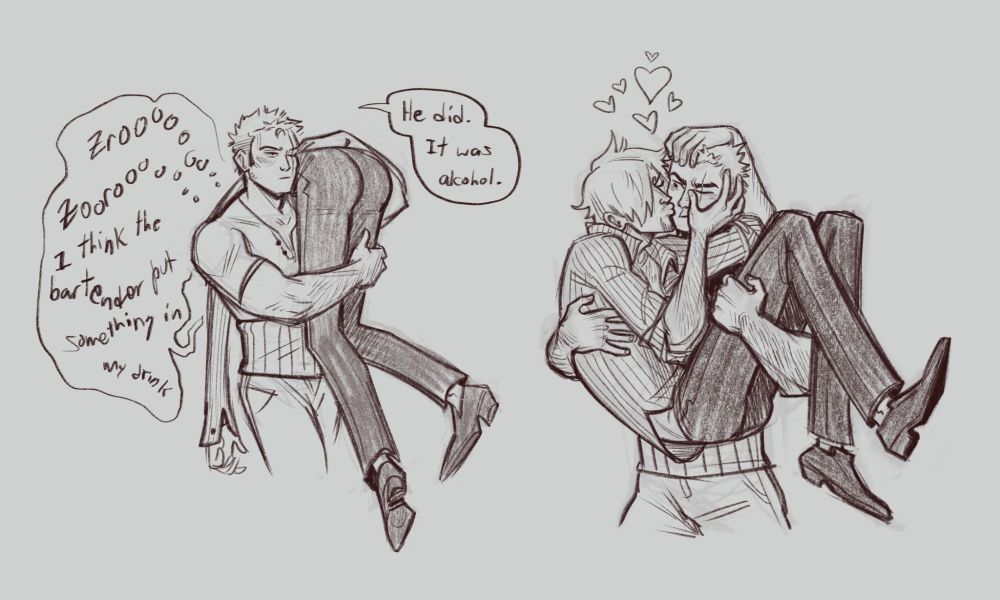 Two additional illustrations. In the first one Zoro is carrying a very drunk Sanji over his shoulder, Sanji says "Zroooo.... Zoooroooo.... I think the bartender put something in my drink" To which Zoro replies "He did. It was alcohol." In the second illustration Zoro is now carrying Sanji bridal style while Sanji aggressively grabs his head and kisses his cheek. There is a cloud of hearts above the kiss. 